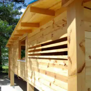 Un modèle 3D d'une petite cabane en rondins.